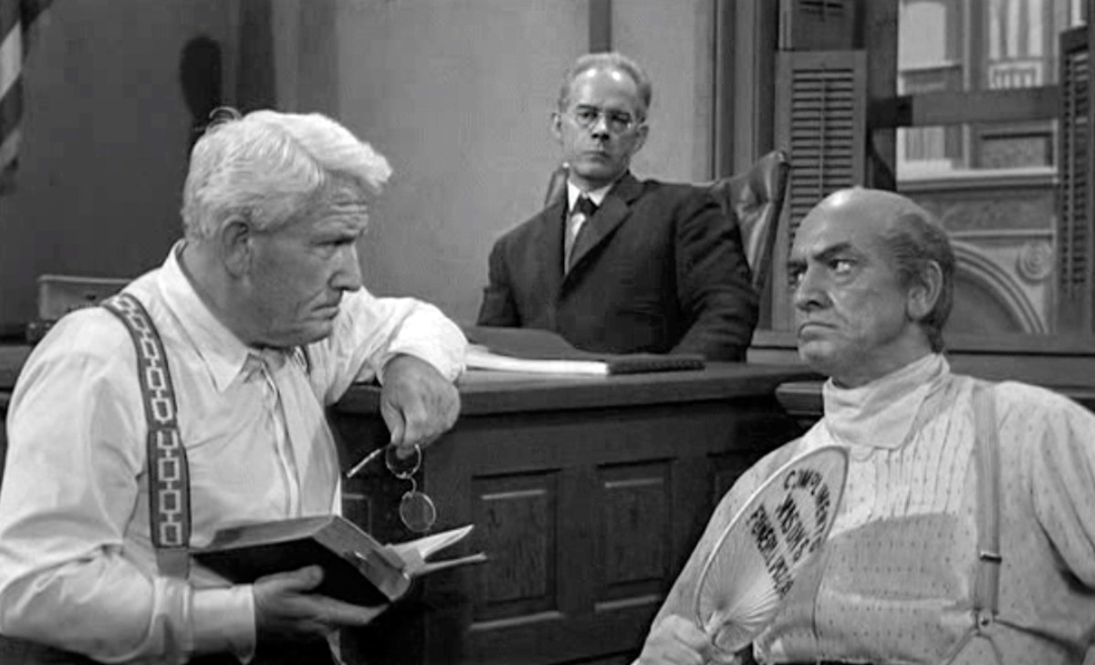 "Inherit the Wind" Drummond (Spencer Tracy) questioning Brady (Fredric March) with the Judge (Harry Morgan) looking on.