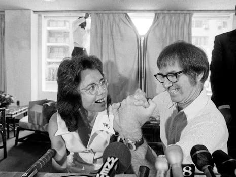Billy Jean King and Bobby Riggs announce their "Battle of The Sexes" match at a news conference in 1973. King would win the game in three straight sets, but speculation remained that Riggs threw the match. 