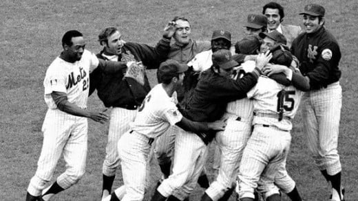 The 1969 Mets celebrating their World Series victory. In far left is #22 Donn Clendenon, the last player to join the Mets roster in mid-season and winner of the series MVP award. 