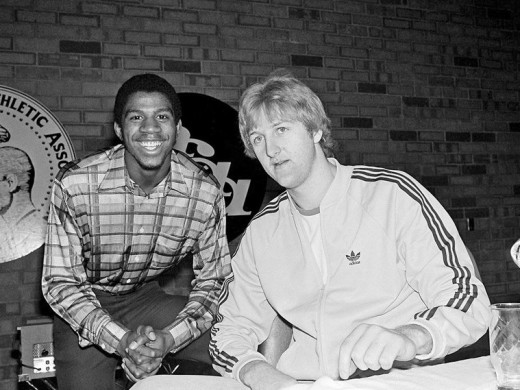 Magic Johnson (left) and Larry Bird with the press before the 1979 NCAA Finals. Their storied rivalry in the NBA would begin at that game, the most watched in the history of college basketball. 