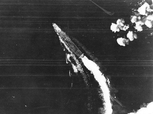 The Japanese carrier Hiryu under attack from B-17s, June 4, 1942.