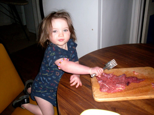 Children are never too young to learn to be helpful. Tenderizing meat is literally something a two-year-old can do . . . and they will probably enjoy the opportunity to pound with a mallet.