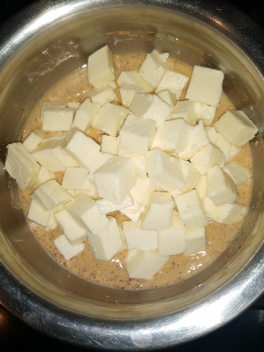 To this batter add cubed paneer.
