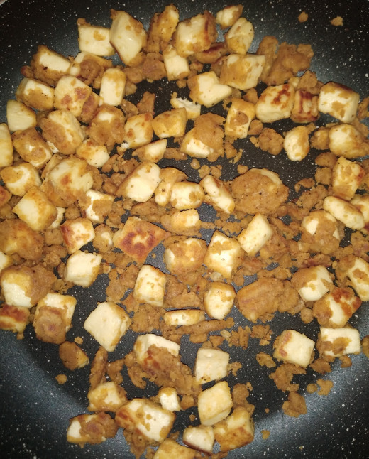 Shallow fry paneer in medium flame till it gets nice golden brown color.