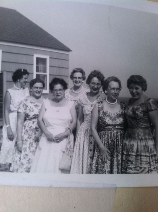 Grandma Jennie (third from the left with white dress) and her bridge club.