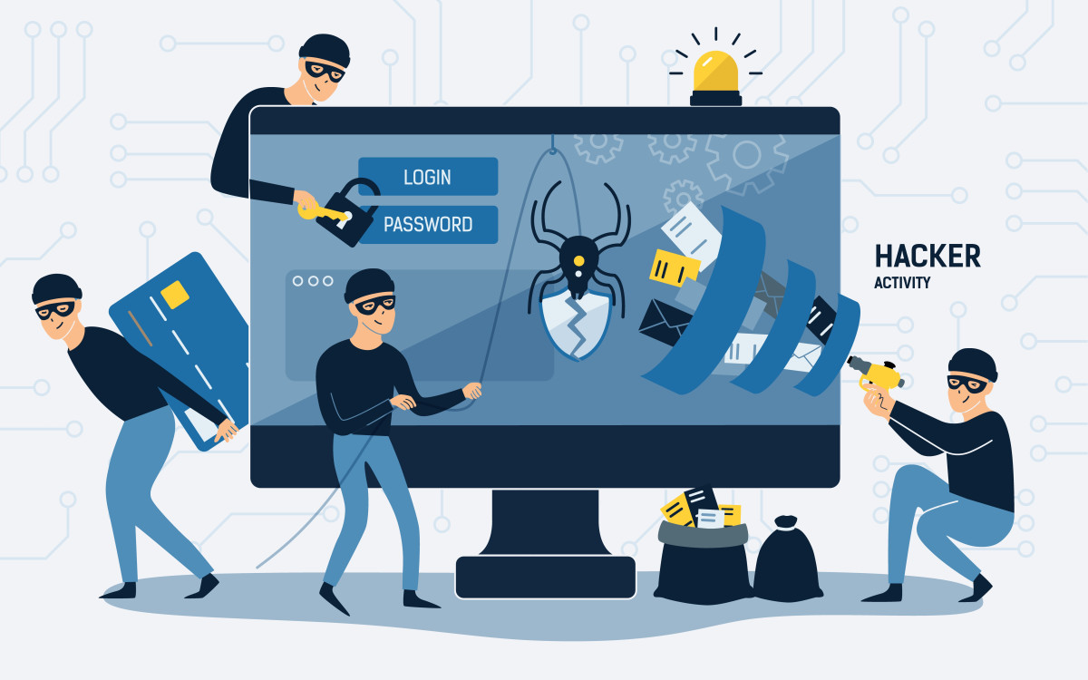 Concept of hacker Internet activity or security hacking. Cartoon vector illustration.