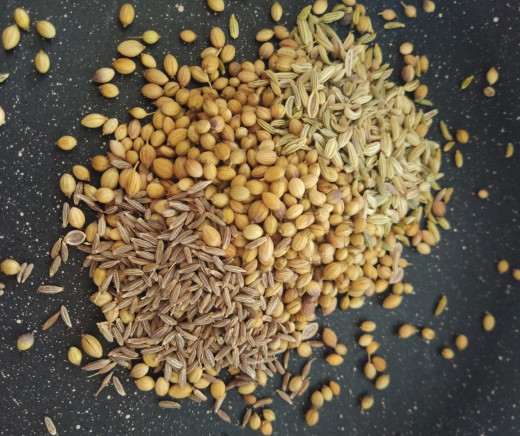 In a pan take 2-3 teaspoons of coriander seeds, 1-2 teaspoons of cumin seeds and fennel seeds.