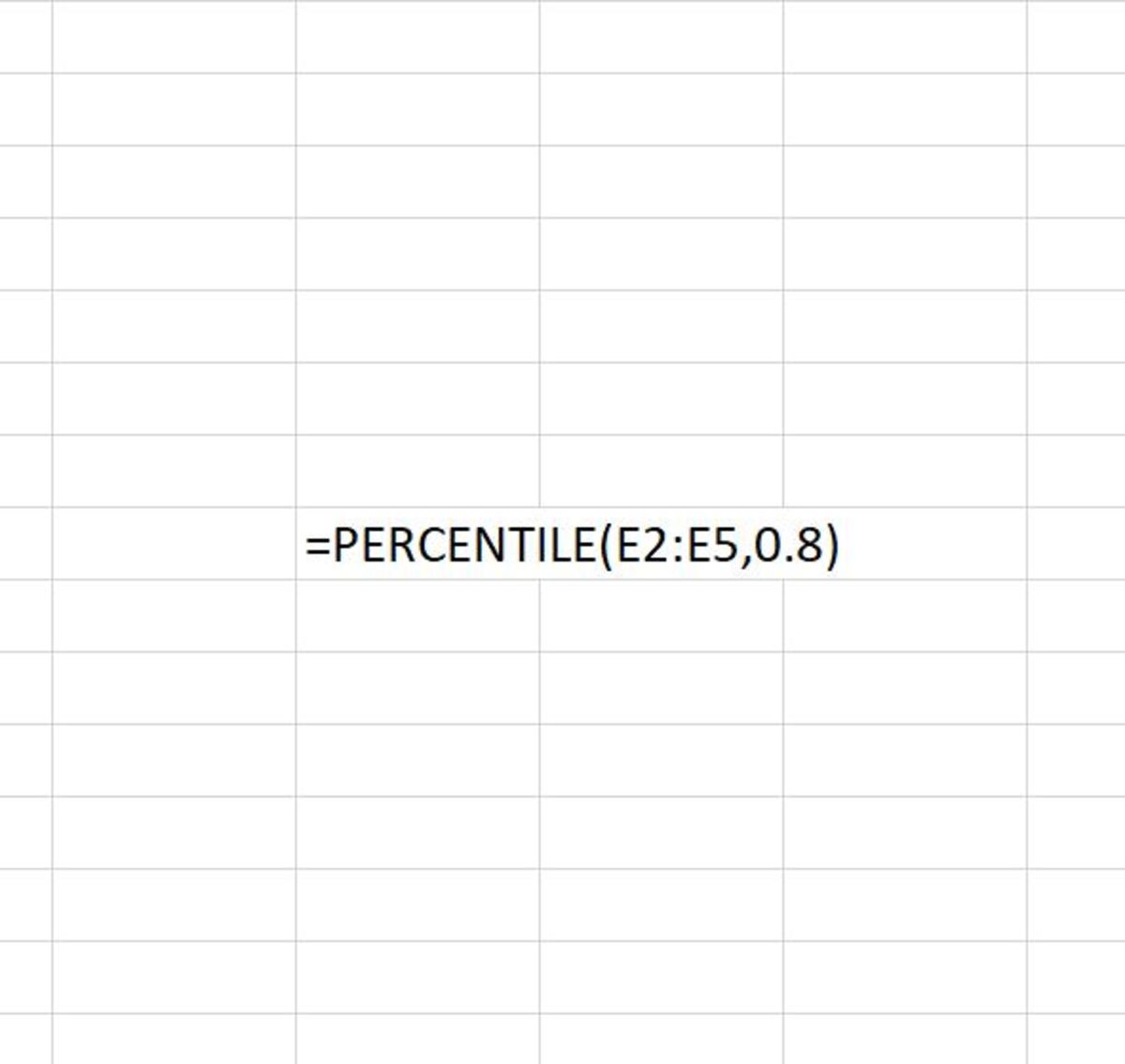 This illustration shows the PERCENTILE function being used in Excel to find the 80th percentile of the cell range E2:E5. By default, the 80th percentile would be inclusive in the results. 