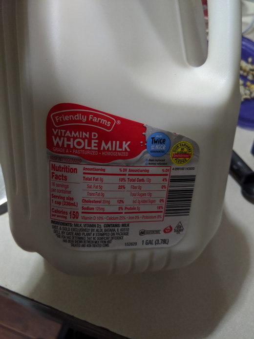 Gallon of whole milk, plain not treated for longevity, cold milk straight from the refrigerator