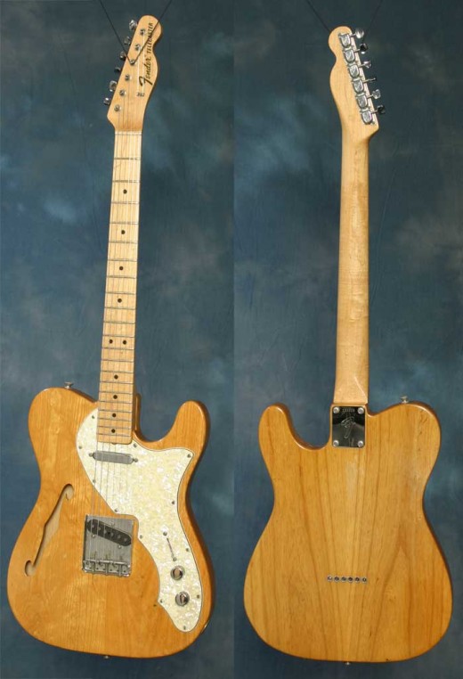 In 1969, Fender produced the ever popular Thinline Telecaster. It featured the same electronics, just mounted on a semi-hollow, thinline body. Yes, this one does have a maple fretboard, but that was common on the Thinline models.