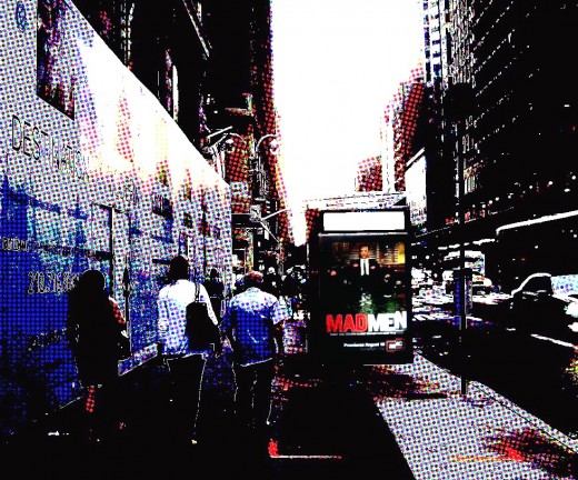 A sign advertising the third season of the AMC show "Mad Men" hangs at a bus stop in midtown Manhattan, not far from Madison Avenue.   Photo illustration: E. A. Wright 2009
