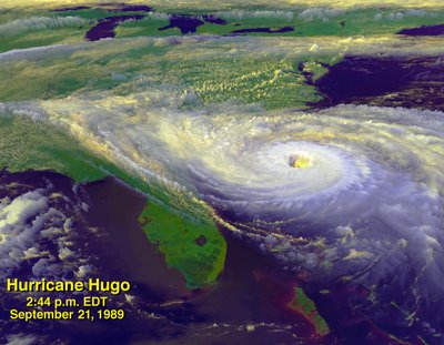 Enhanced satellite image of Hurricane Hugo on the day it made landfall along the South Carolina coast. (image courtesy of NASA)