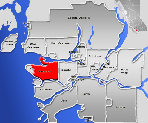 Map location of Vancouver, British Columbia 