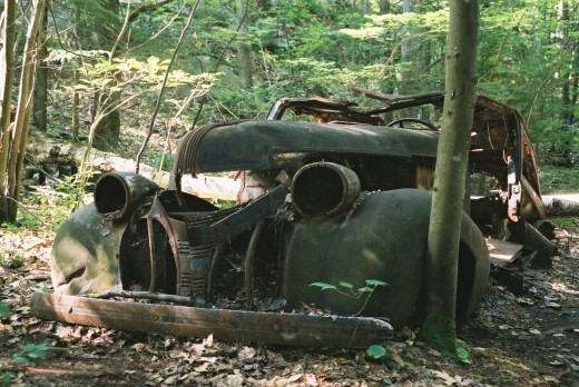 Not something you come across in the forest usually while hiking. I tried to look for a road but I did not see one - I have absolutely no clue how that car ever got to the middle of the forest whenever it got there.