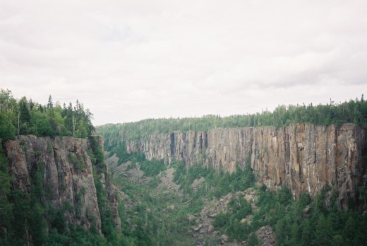 I found a sort of canyon in Ontario somwhere close to Thunder Bay close to a Provincial Park where I camped - I do not remember the exact location. The shot was taken from an extendable bridge - as I was told one of the longest in North America.