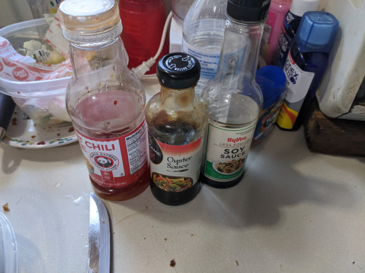 Sauces. Thai Chili, oyster sauce, soy sauce