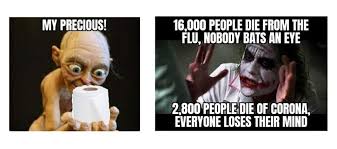 Lord of the Rings Meme: "my precious" gollum holding roll of toilet paper.  Joker Meme: "16,000 people die from the flu, nobody bats and eye" "2800 die from corona, everyone loses their mind" 