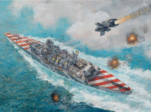 The sinking of the battleship Roma, one of the most dramatic moments of the battles surrounding the Italian armistice.