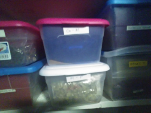 Shoeboxes full of spices arranged on pantry shelf