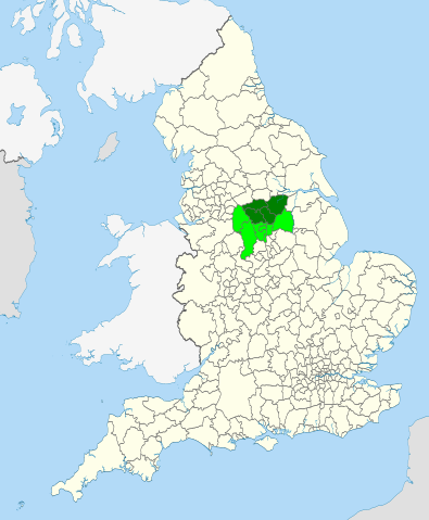 The constituent districts of the Sheffield City region, with South Yorkshire denoted in dark green