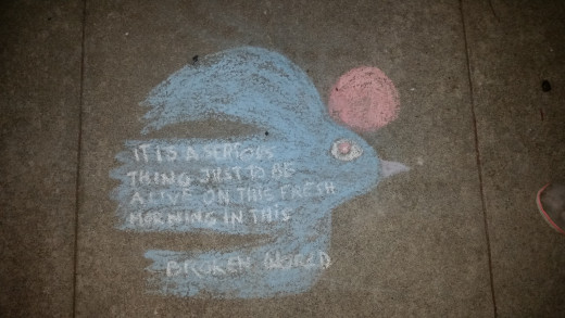 "It is a serious thing just to be alive on this fresh morning in this broken world." I found this chalk text/image a couple weeks ago on one of my neighborhood walks. 