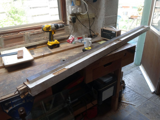 Recycling wood, to use as part of the display cabinet; originally part of our old front porch doorframe salvaged from when we upgraded our double glazing, and replaced the front door at the same time.