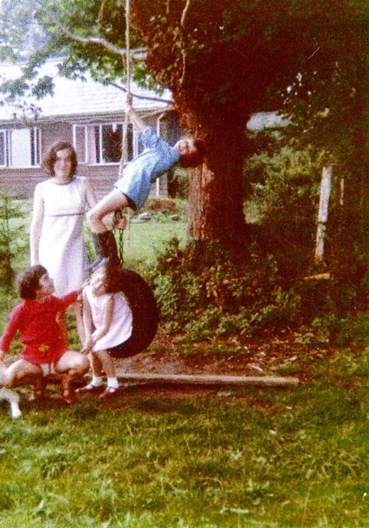 The tree swing at Melcum, Lower Road, South Wonston. Daughters Ingrid & Vikki.  Sis Carrie, and friend Francoise.  About 1972