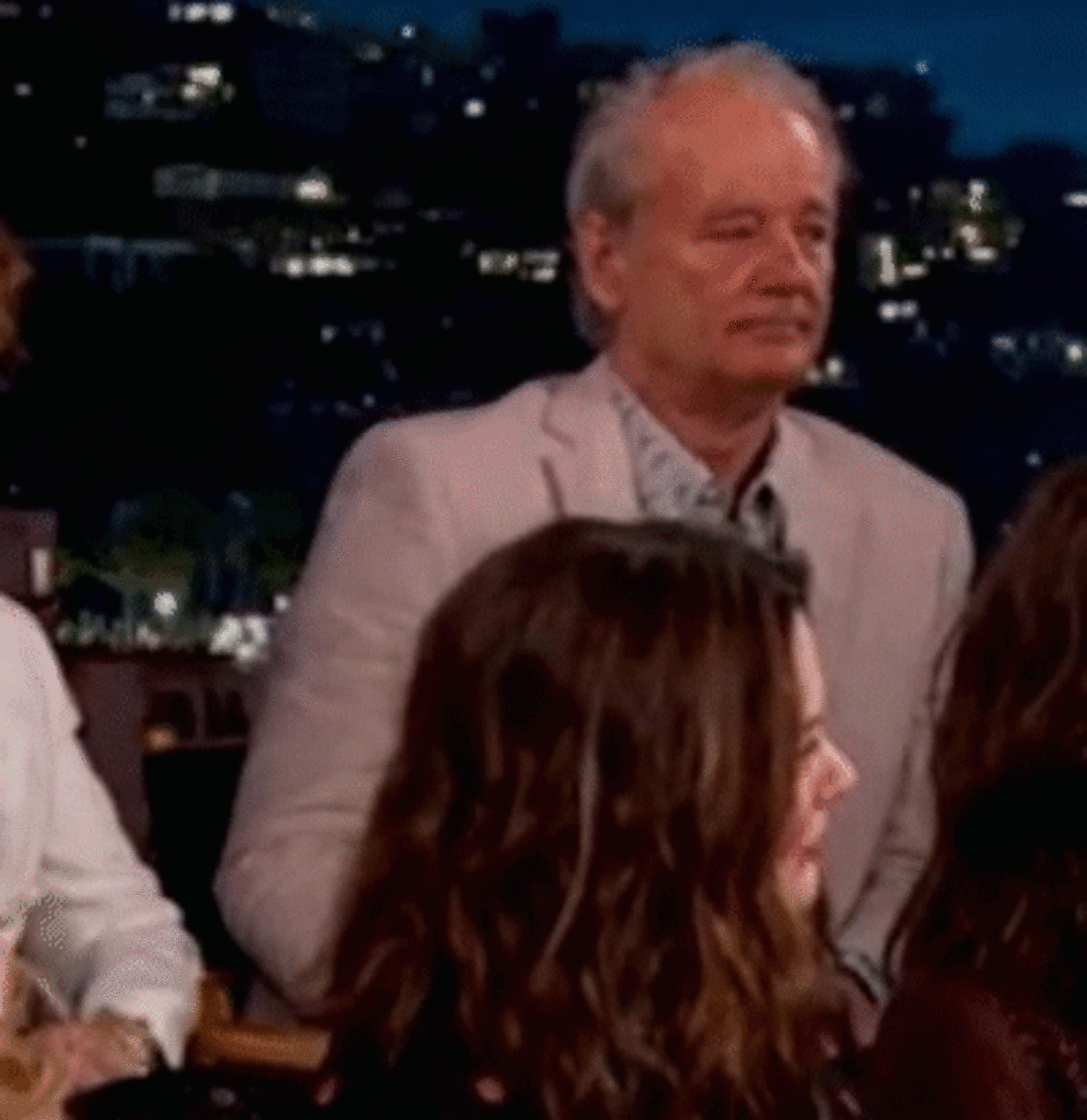 Bill Murray depressed on jimmy kimmel sitting next to 4 unfunny female hacks and a dumb talk show host. 