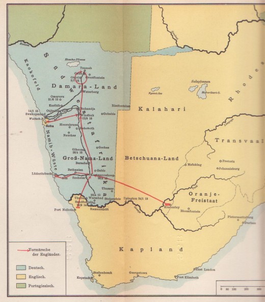 German map of 1915 showing lines of South African troop advances