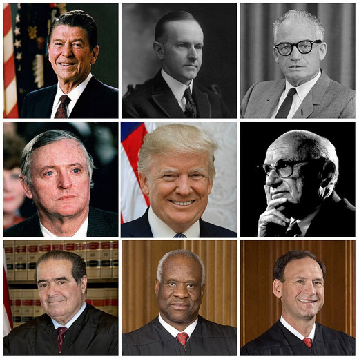 The pinnacles of modern conservative leadership, for better or worse. From top left: President Reagan, President Coolidge, Barry Goldwater, William F. Buckley Jr., President Trump, Milton Friedman, Justice Scalia, Justice Thomas, and Justice Alito.