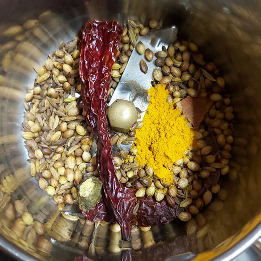 Once cooled completely, transfer to the mixer jar, add 1/2 teaspoon of turmeric powder.