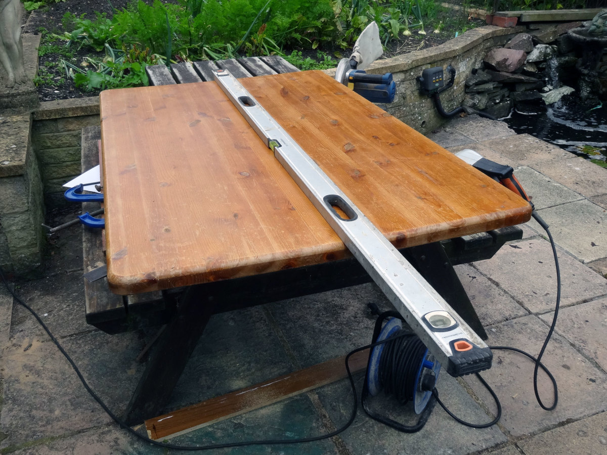 Pine table top, from a redundant pine table, to be used for the new alcove shelving