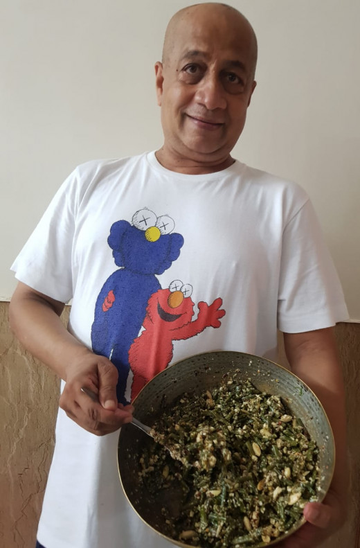 Shekhar with the freshly prepared Levantine style bean salad