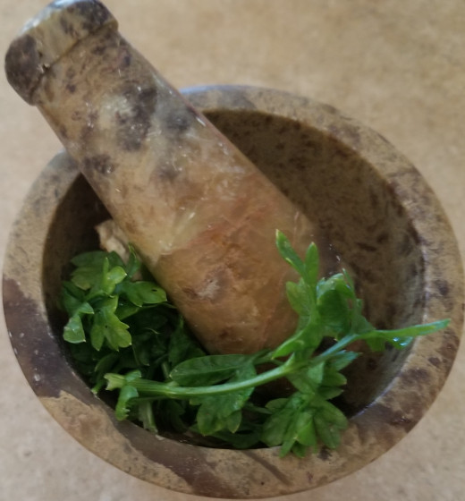 Fresh parsle leaves in a mortar, with pestle ready for pulverizing to release flavor.