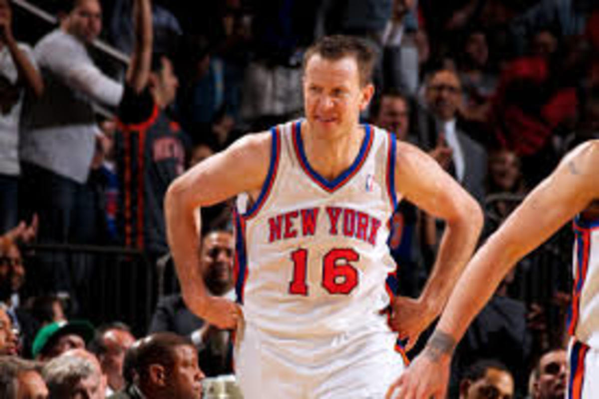 Steve Novak was a very underrated shooter during his time with the Knicks. He is seen here doing his signature championship belt celebration after dropping 25 points. 