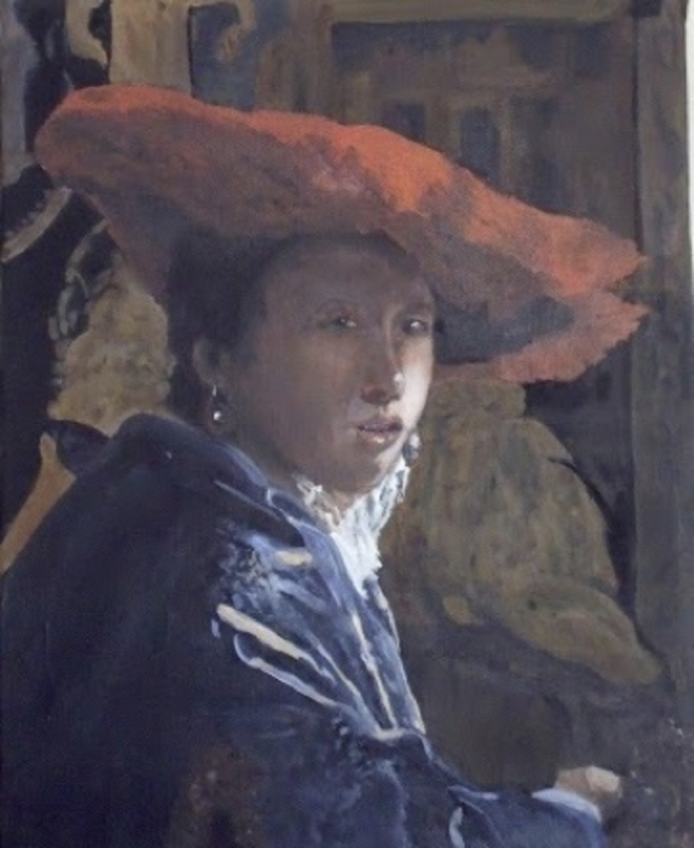 This copy of Vermeer's Girl with the Red Hat was started with a wash of burnt umber 