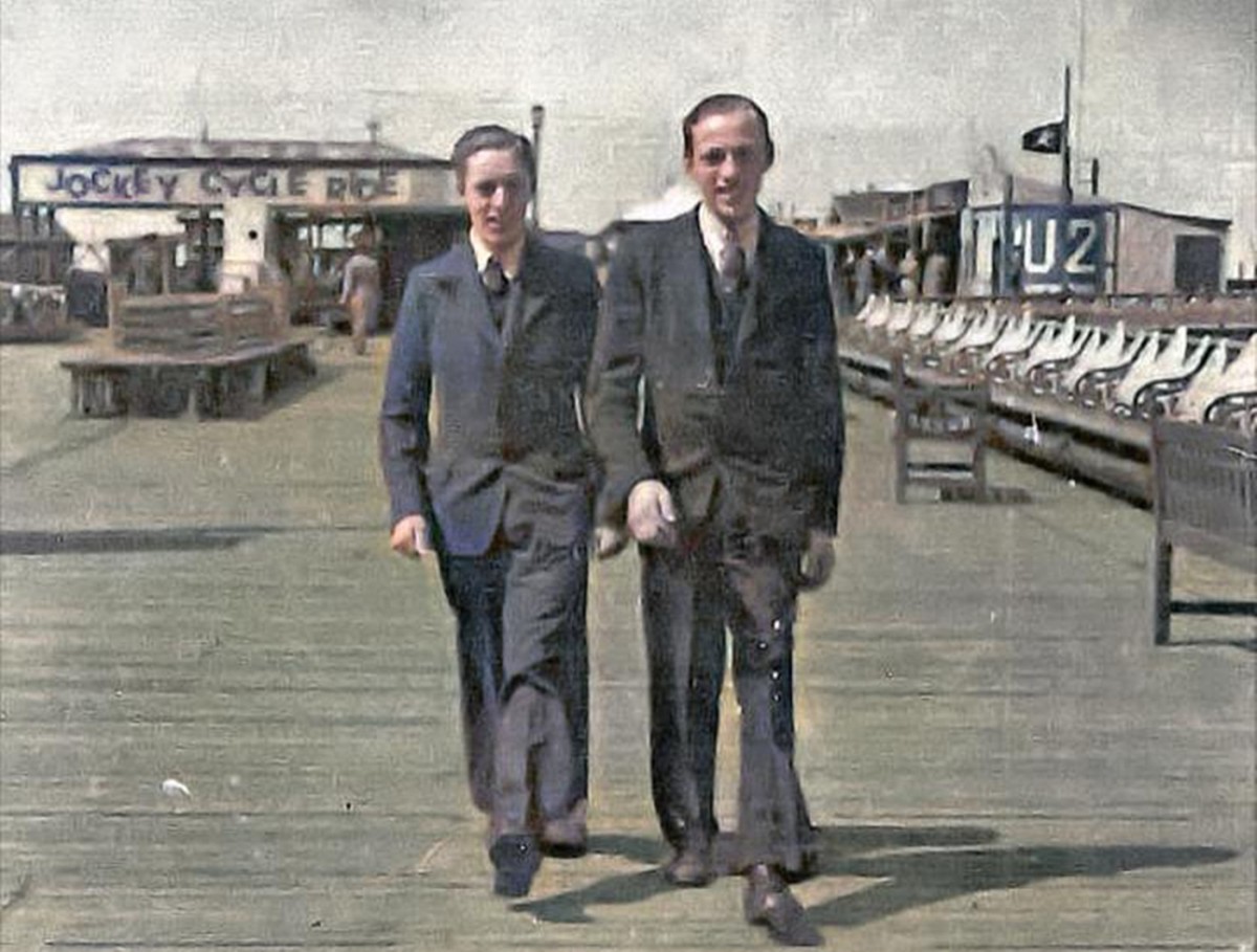 The "terrible twins", my dad on the right with my Uncle Leonard, aged about 17, strolling along one of the Blackpool piers - "putting on the style" - just after the war.