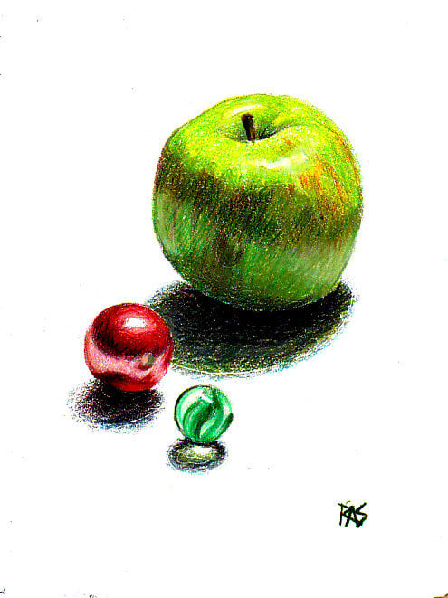 Apple and Glass Marbles, 5" x 7" Prismacolor colored pencils on Stonehenge paper by Robert A. Sloan