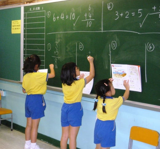 Children using a chalkboard in a classroom