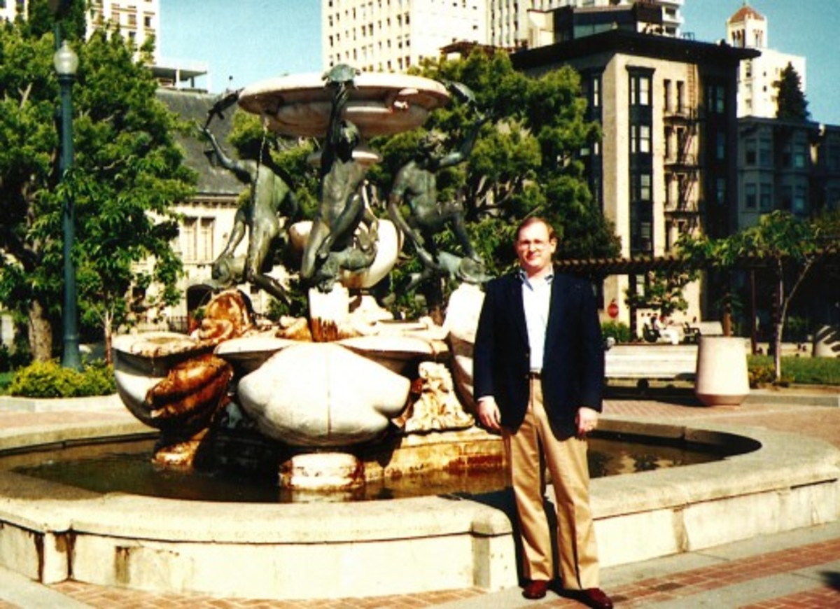My hubby and a nearby fountain outside of the Huntington Hotel