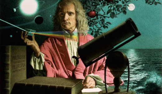 Sir Isaac Newton surrounded by symbols of some of his greatest findings.  Illustration by Jean-Leon Huens, National Geographic Stock.