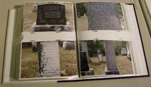 Page in a photo album with pictures of my great-grandparents grave markers.