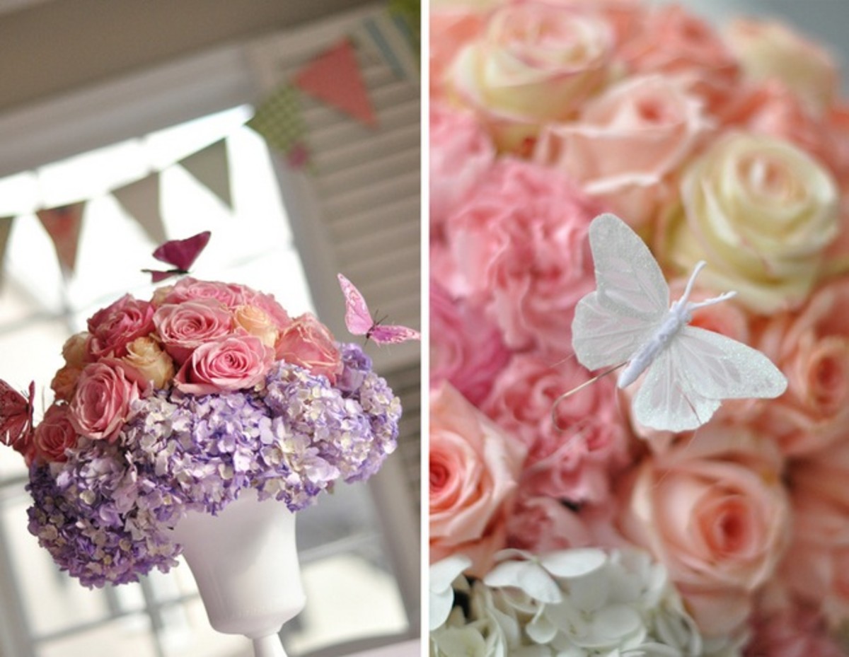 Create your own butterfly flower arrangements with simple hydrangea and roses, You need some floral foam and containers. Silk flowers work well and can be made ahead of timr.