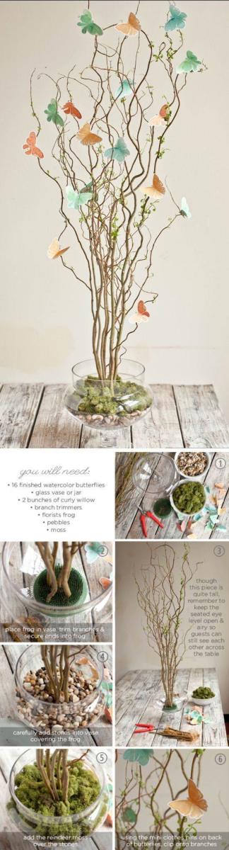 It is not difficult to make your own DIY centerpieces for your butterfly wedding. These pieces are unique and will bring smiles on the faces of your guests. Add some flowers on the branches to create a spring look
