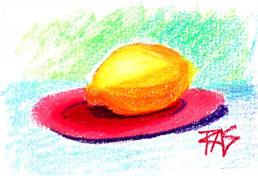 Lemon on Pink Plate, painted from imagination in oil pastel on paper by Robert A. Sloan