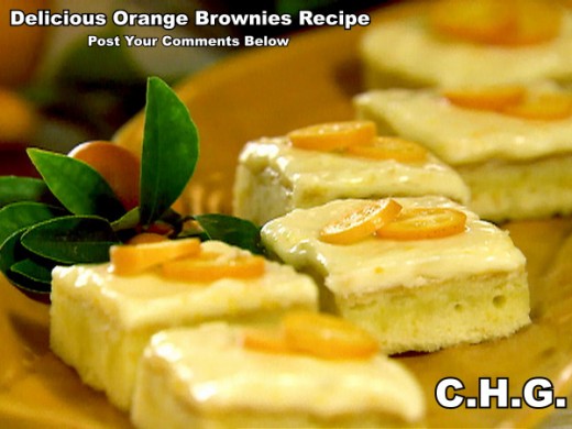 Here is a delicious recipe for orange brownies. They are so delicious. Garnish with sliced and whole kumquats if they are available in your area. 