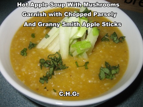 You can garnish your hot apple soup with fine Chopped Parsley and Granny Smith Apple Sticks. 