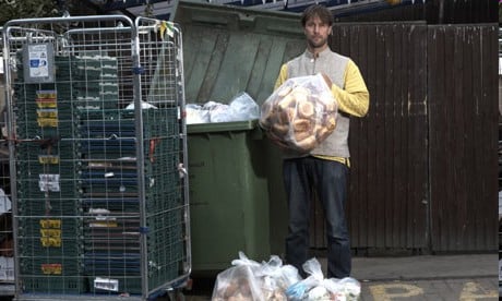 Eco-activist Tristram Stuart demonstrates how much food waste is created by supermarkets like Tesco. Photograph: from The Guardian - Andy Hall 