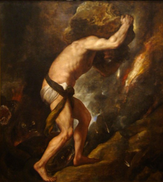 Sisyphus by Titian. Sisyphus in the Greek myth was condemned to eternally roll a stone up a mountain. Camus wrote: "The struggle itself towards the heights is enough to fill a man's heart. One must imagine Sisyphus happy."