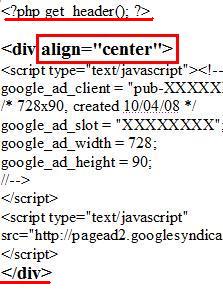 HTML code to add a leader board Adsense block